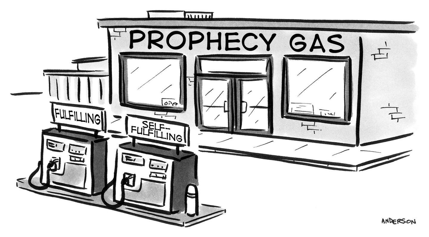 gas pumps in front of prophecy gas read fulfilling and self fulfilling