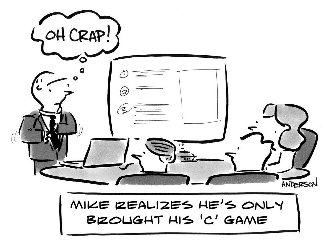 meeting person realizes hes only brought his c game